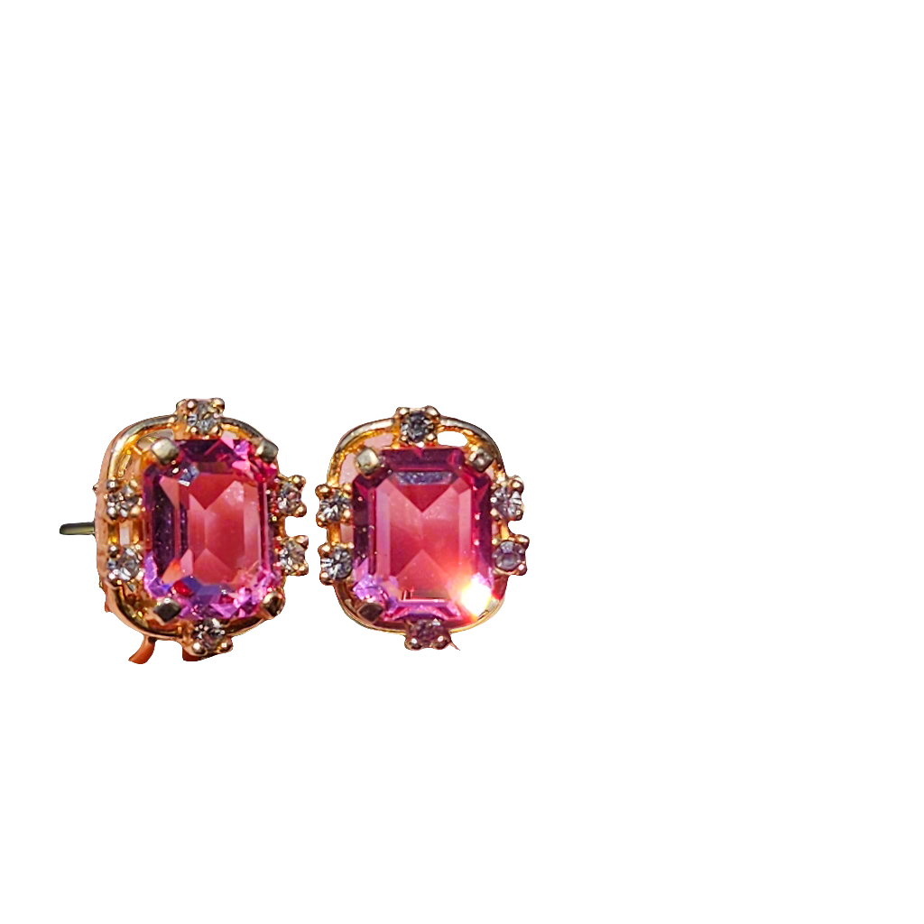 Quality Pink Gem Crystals High Fashion Earrings Gold Clip On Vintage Jewellery Sparkly