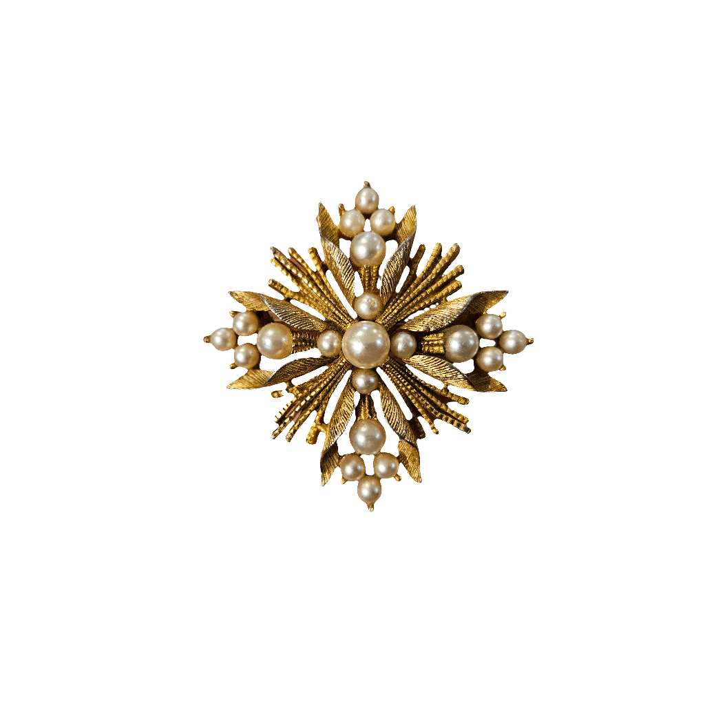 Lisner Brooch Matte Gold Tone Pearl Starburst Vintage Jewellery Jewelry