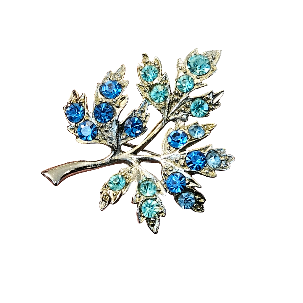 Rhinestone Brooch Blue Leaf Shiny 60s Vintage Pin Jewellery Jewelry