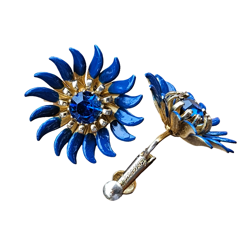 Jewelcraft Flower Earrings Clip Screw On Blue Gold Vintage