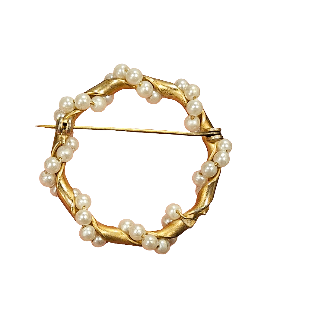 Stylish Golden Pearl Brooch Pearl Circle Woven Bridal Pin Jewellery