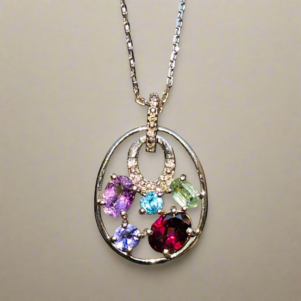 Sterling Silver Multi Gemstone Diamond Pendant Gemporia Necklace