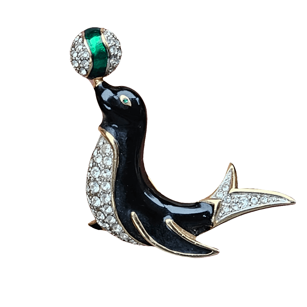 Cute Seal Brooch Circus Enamel Pin Gold Crystal Black Green