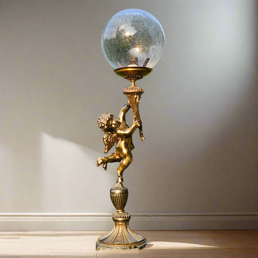 Art Nouveau Bronze Cherub Lamp Vintage Lighting Large Statement