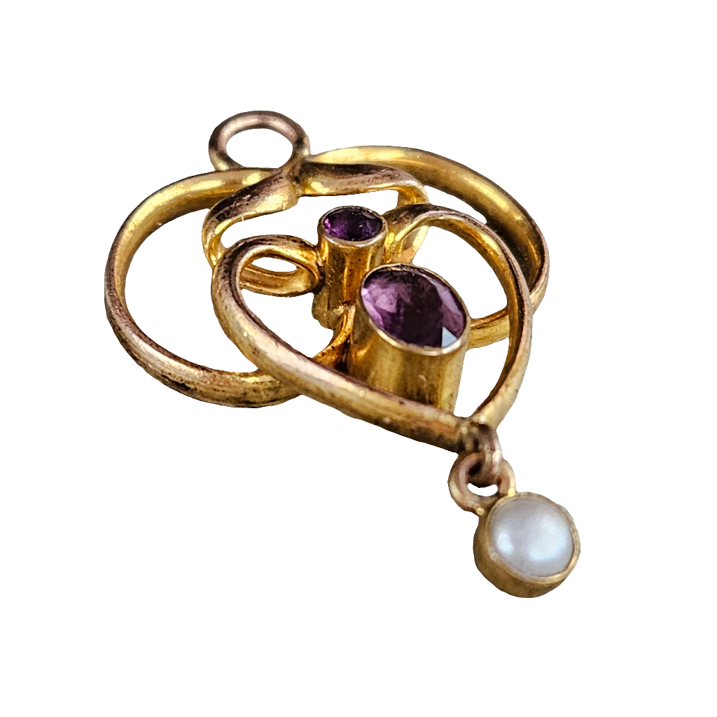 Art Nouveau Pendant Gold Plated Amethyst And Pearl Drop