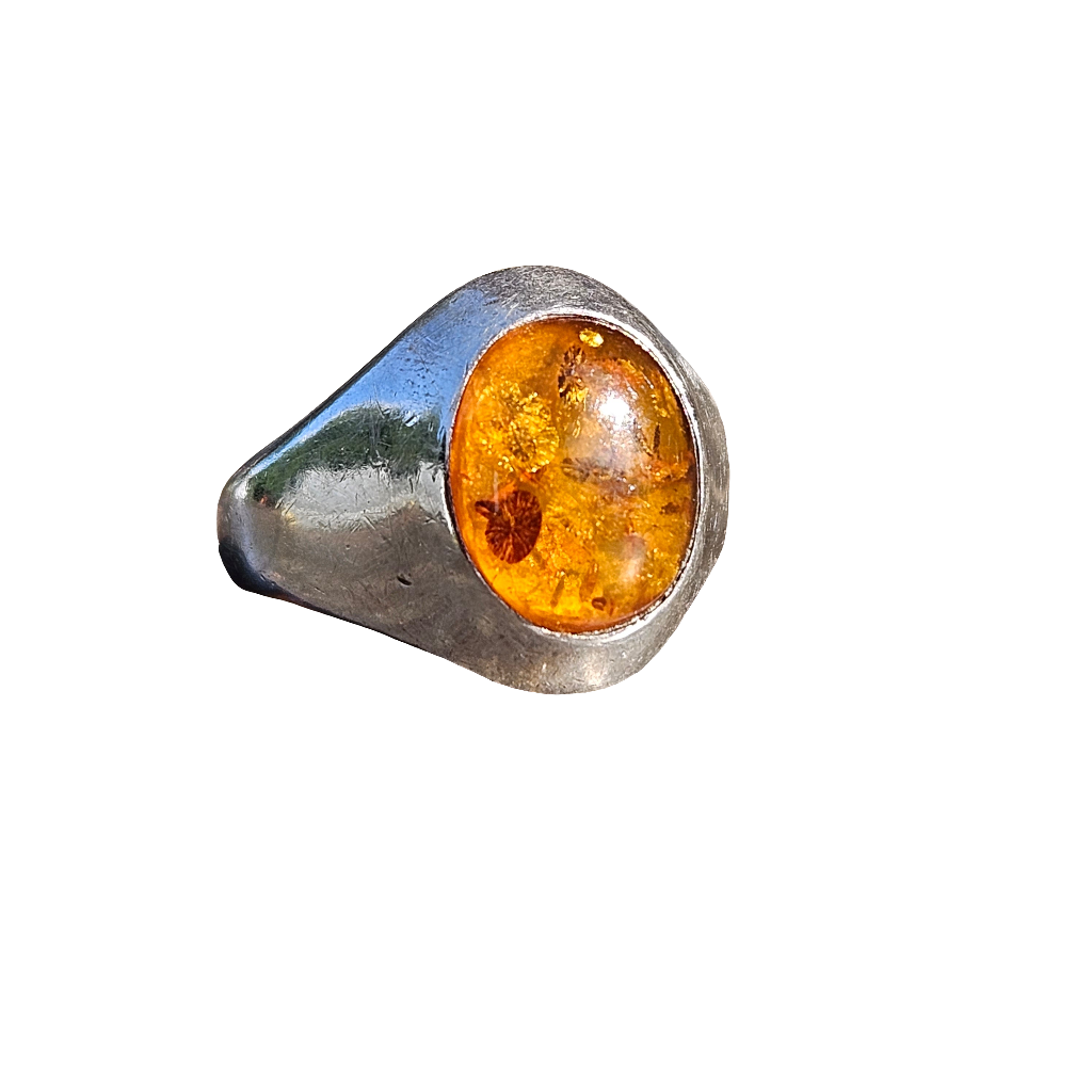 Hand Crafted Amber Ring Antique Sterling Silver Jewellery UK Size P