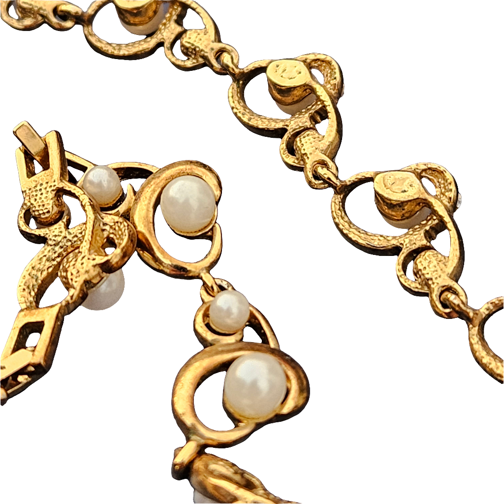 Beautiful Vintage Pearl Diamante Necklace Gold Statement Jewellery 80s