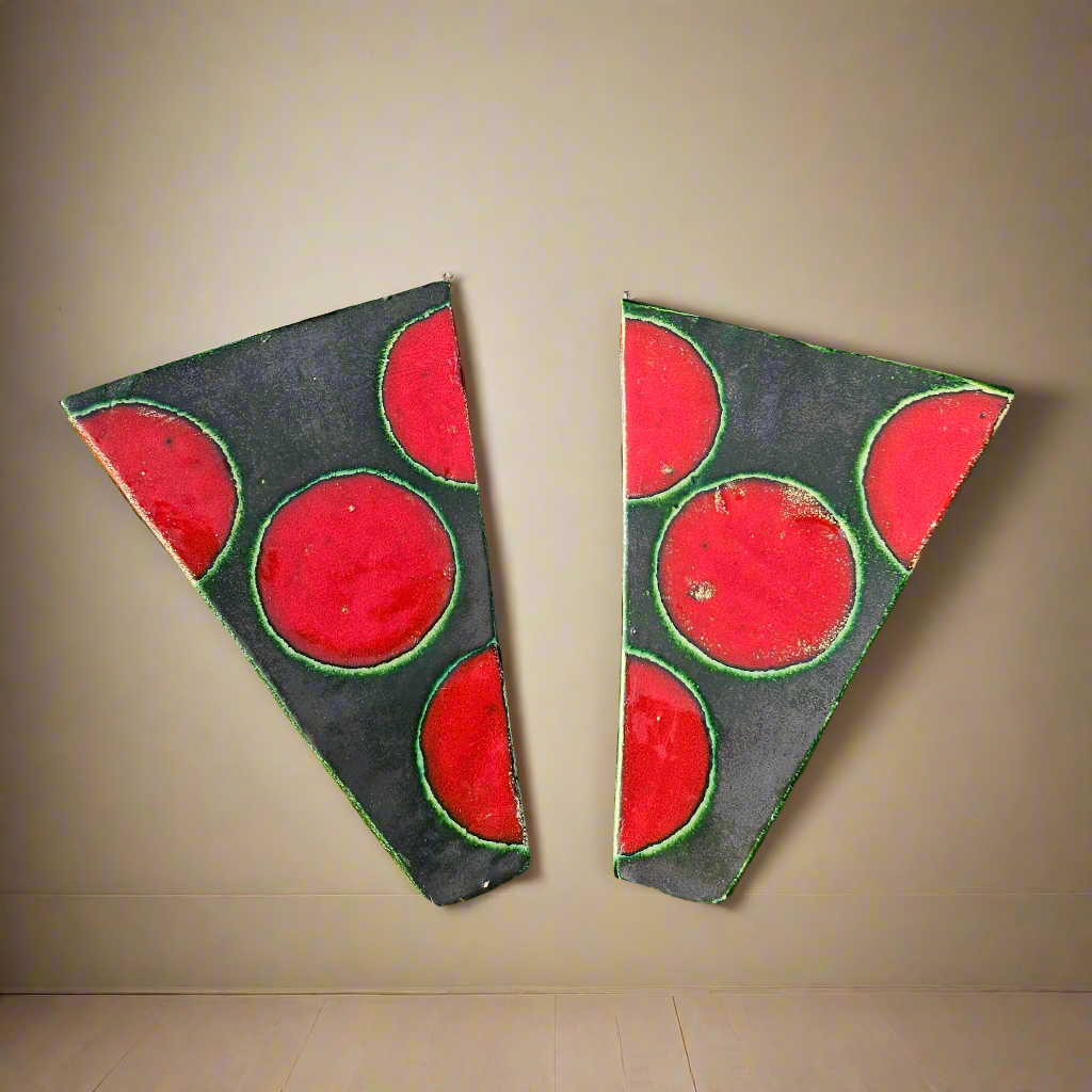 Spotty MCM Slabwork Wall Vases Green Red Polka Dot Pair