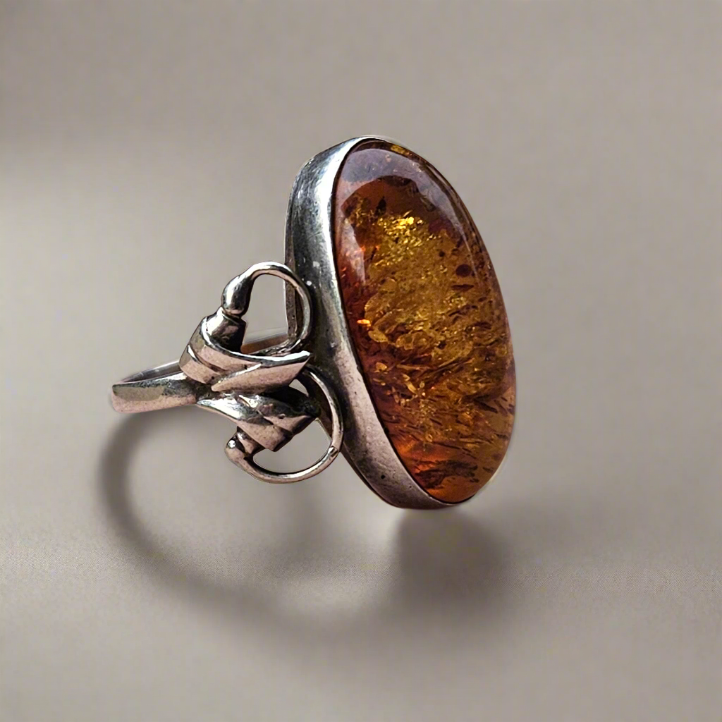 Arts And Crafts Amber Ring Sterling Silver Antique Jewellery