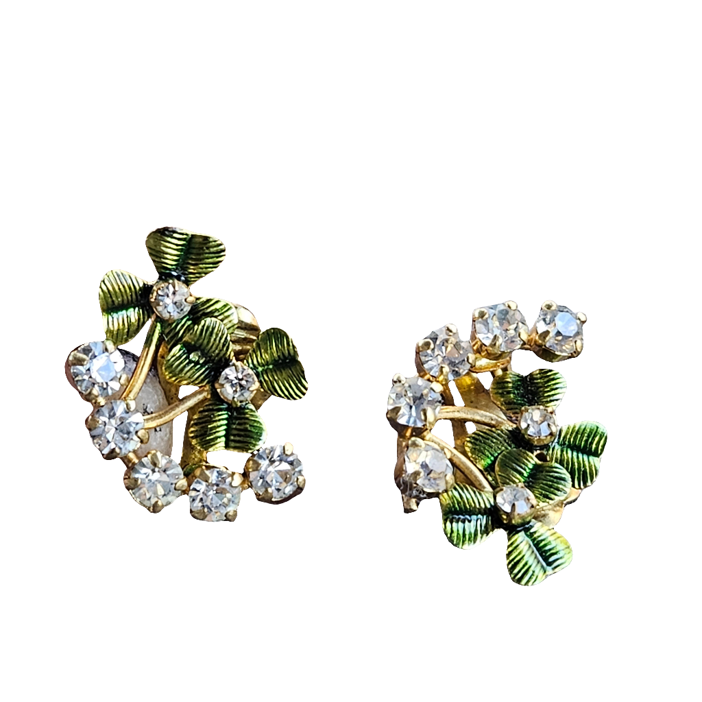 Rhinestone Green Gold Enamel Lucky Clover Clip On Earrings Vintage Jewellery
