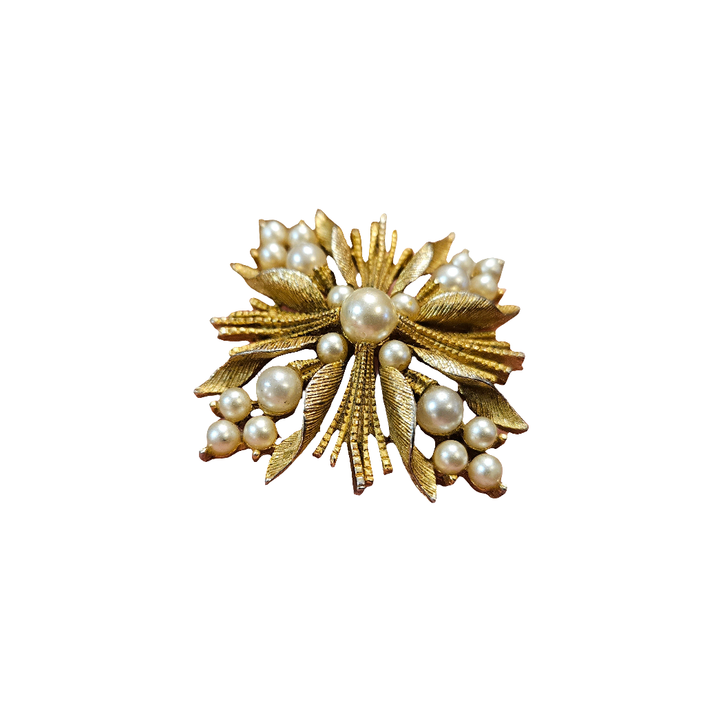 Lisner Brooch Matte Gold Tone Pearl Starburst Pin Vintage Jewellery Jewelry