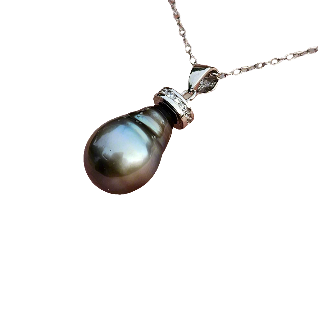 Tahitian South Sea Pearl Necklace Pendant With Crystal Halo Stunning Vintage Jewelry