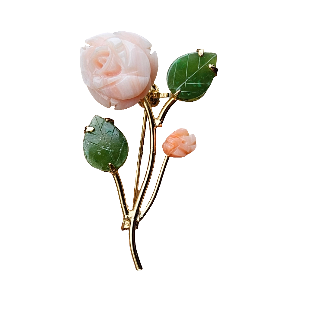 Coral Jade Gold Plated Rose Brooch Vintage Classic Flower Jewellery