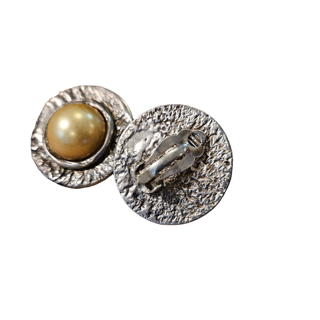 Large Silver Clip On Earrings Gold Pearl Cabochon Vintage Jewellery Jewelry 70s 80s