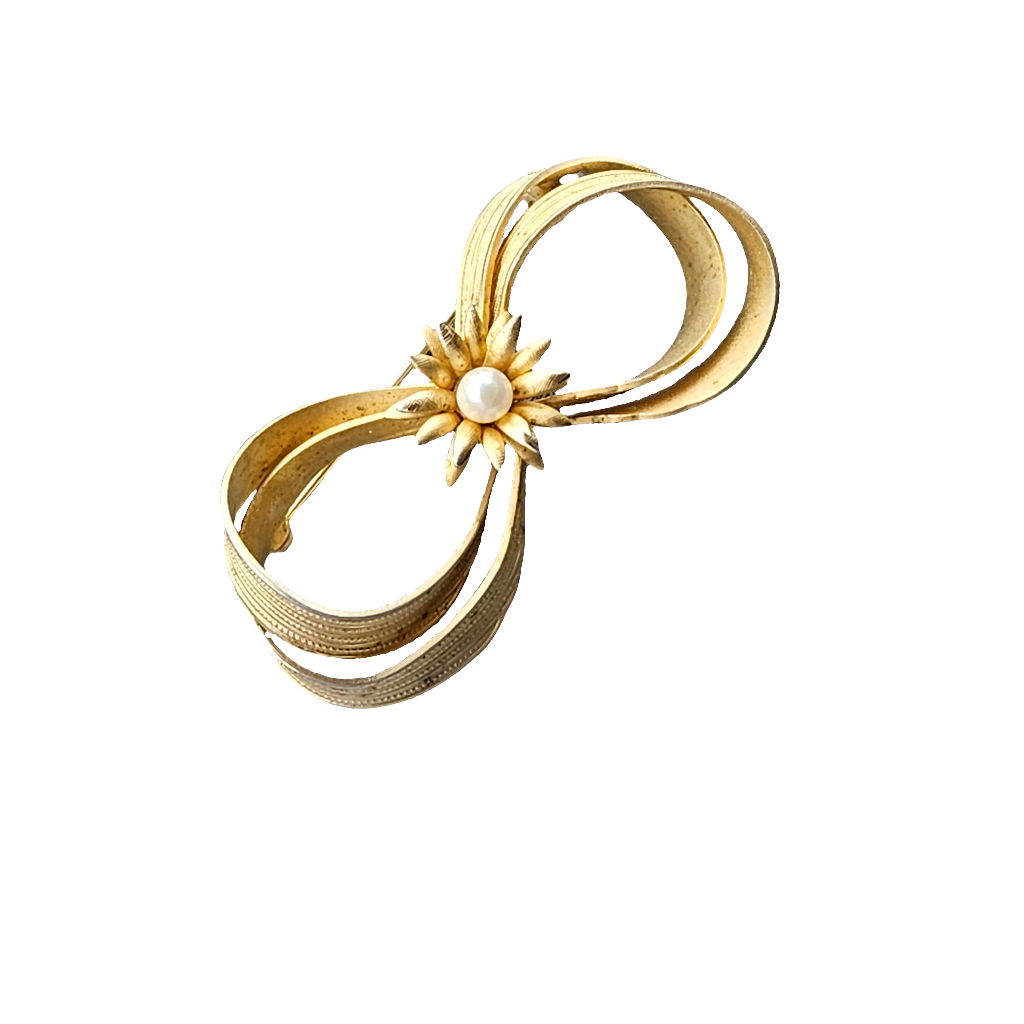 Matte Gold Bow Brooch Pearl Starburst Jewellery Jewelry Vintage