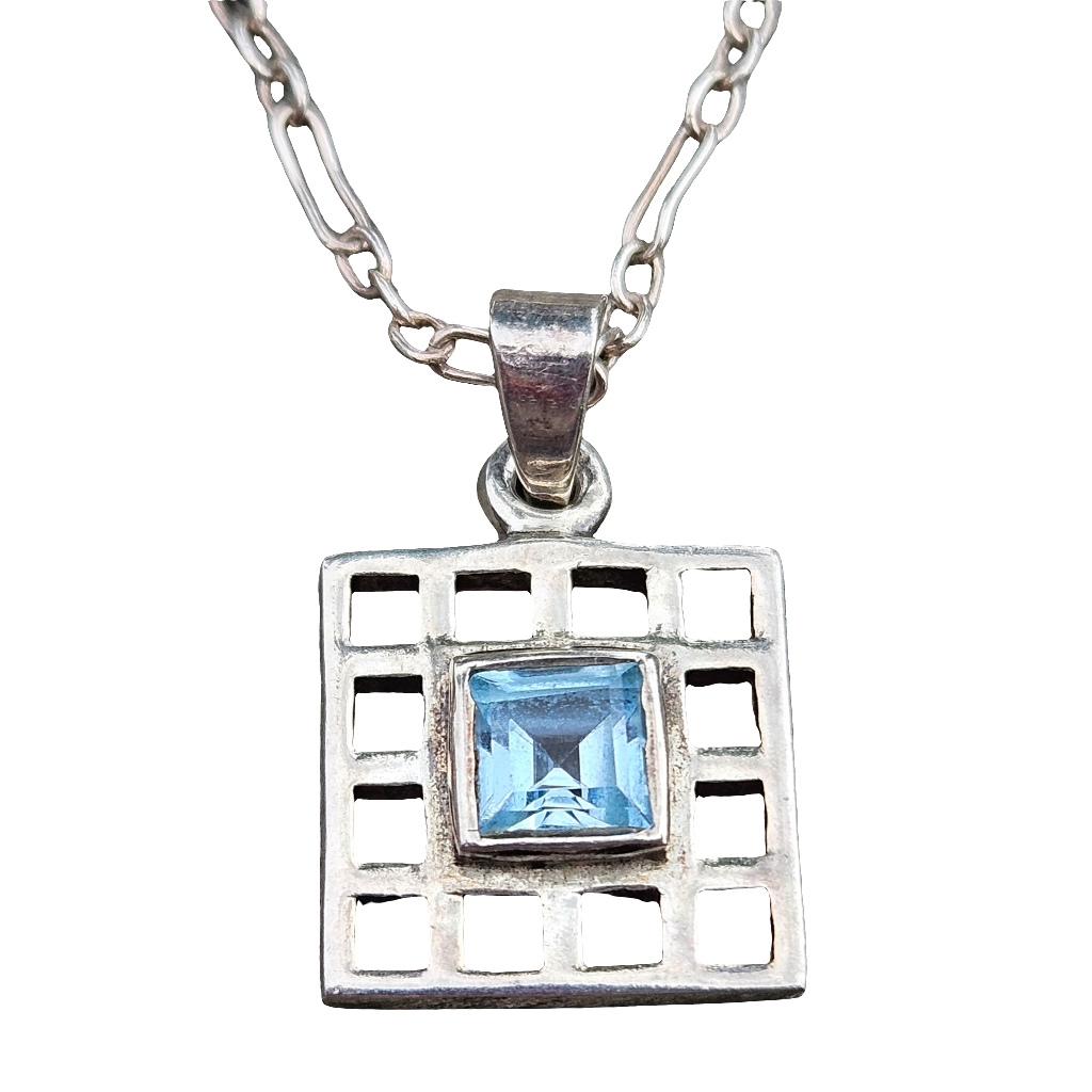 Sterling Silver Geometric Square Blue Gemstone Pendant Necklace