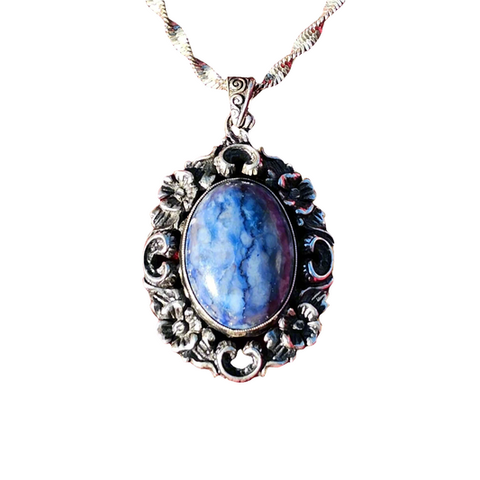 Vintage Sterling Silver Pendant Lapis Lazuli Necklace Large Antique