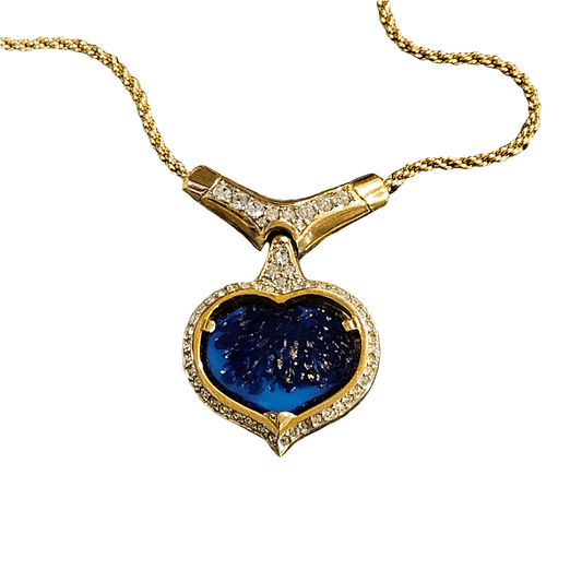 Vintage Nina Ricci Gold Necklace Blue Heart Glass Crystal 90s Jewellery Jewelry