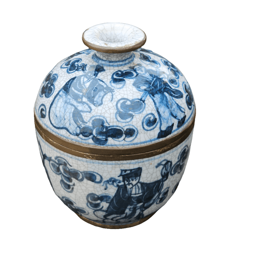 Chinese Blue And White Porcelain Vase Shape Jar Brass Old Trinket Urn