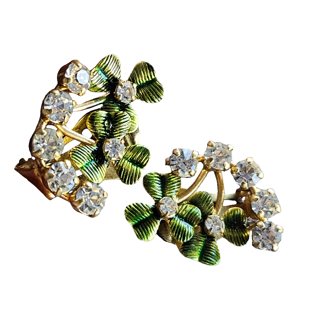 Rhinestone Green Gold Enamel Lucky Clover Clip On Earrings Vintage Jewellery