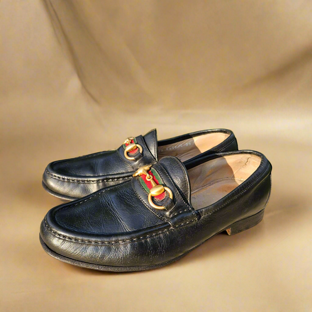 Genuine Gucci Horsebit Loafers Vintage Shoes Black Leather Size 39