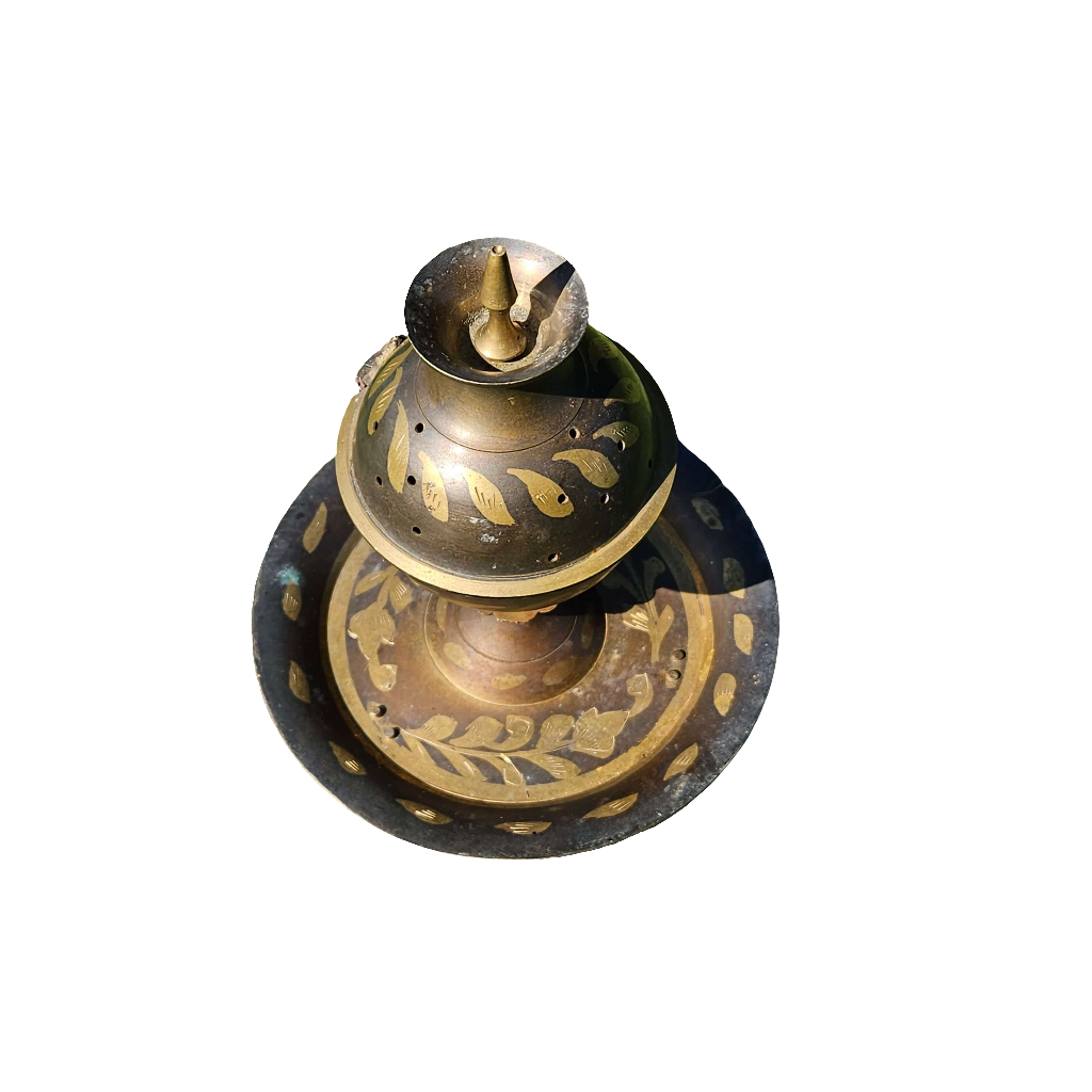 Old Brass Incense Stick Cone Burner Tripod Etched Design Indian Vintage