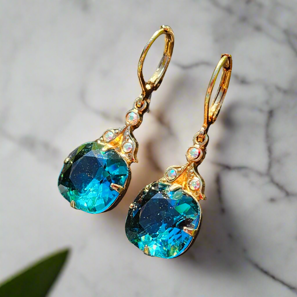 Kirks Folly Vintage Earrings Blue Crystal Gold Dangle Drop