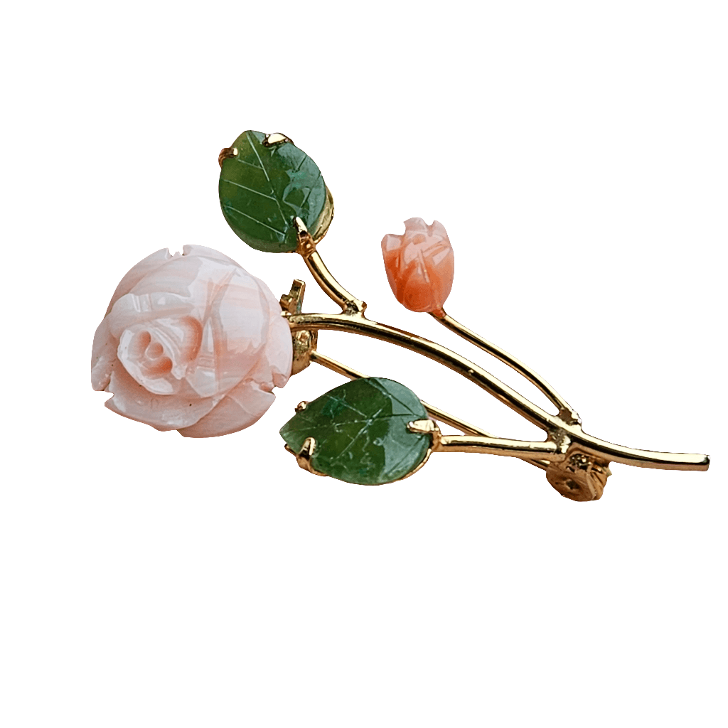 Coral Jade Gold Plated Rose Brooch Vintage Classic Flower Jewellery