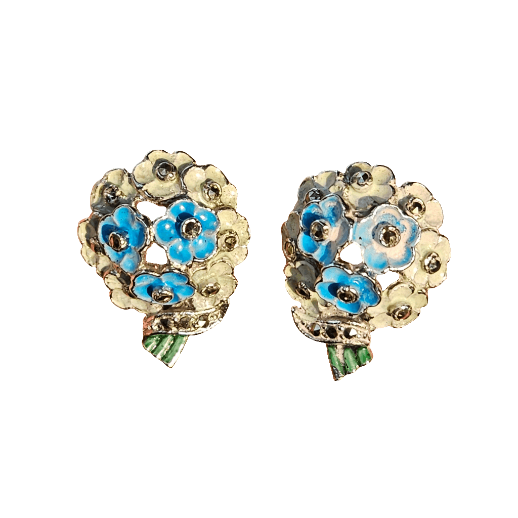 Cute Flower Bouquet Clip On Earrings Marcasite Jewellery Pretty Gift