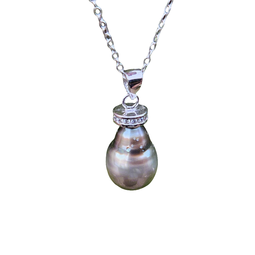 Tahitian South Sea Pearl Necklace Pendant With Crystal Halo Stunning Vintage Jewelry