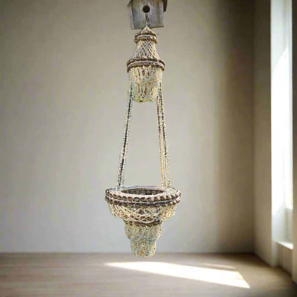 Vintage Hanging Macrame Shell Planter Boho Natural Plant Holder