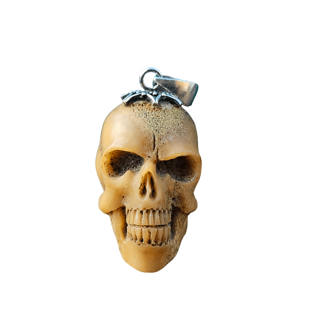 Large Carved Bone Skull Pendant For Necklace 925 Antique Memento Mori Jewellery
