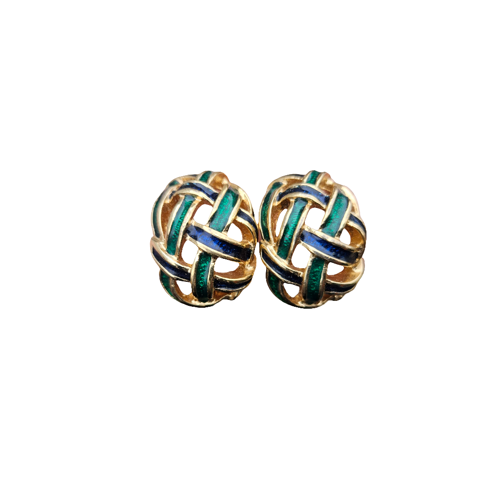 Vintage Enamel Clip On Earrings Lattice Blue Green Gold Jewellery 80s