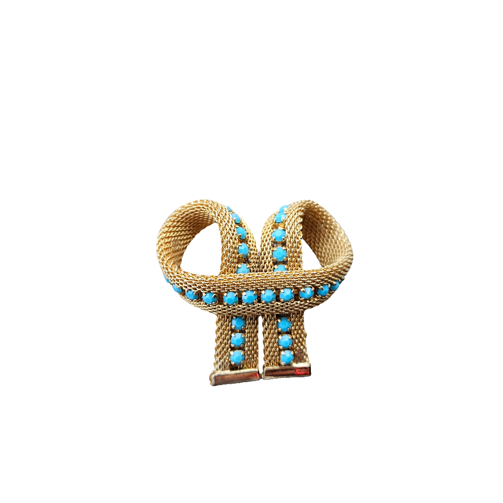 Turquoise Brooch Gold Mesh Bow Designer Jewellery 70s 80s