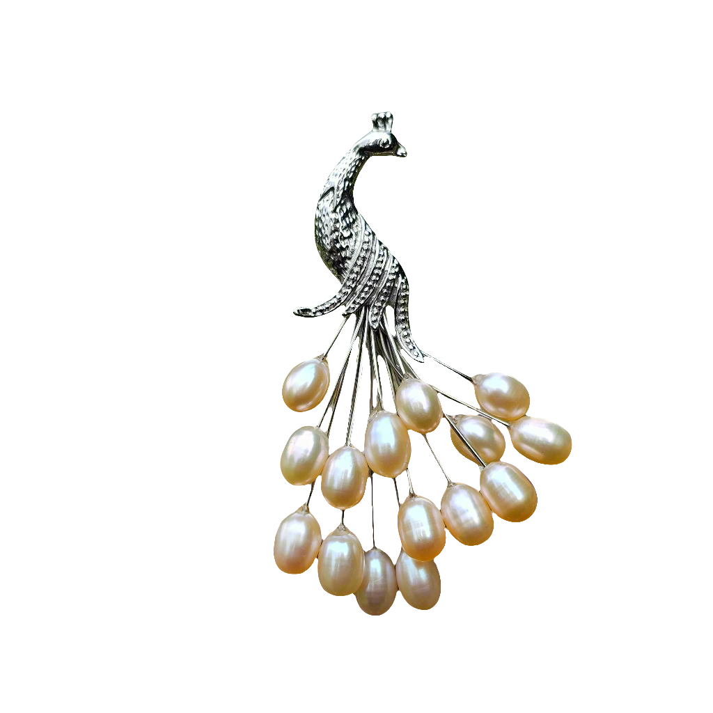 Silver Real Pink Pearl Peacock Brooch Bridal Jewellery Vintage