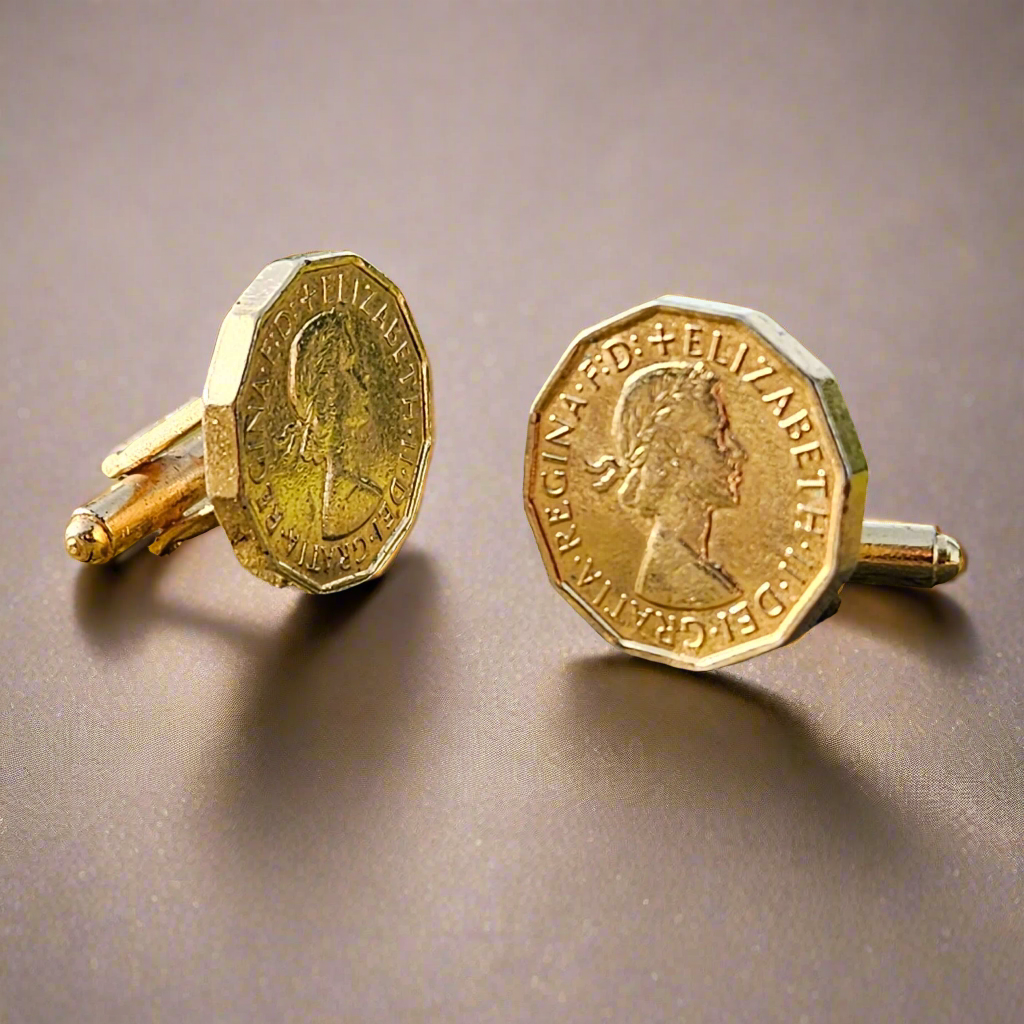 Old Three Pence Charm Cufflinks Vintage Mens Accessories Gold Tone Gift For Him