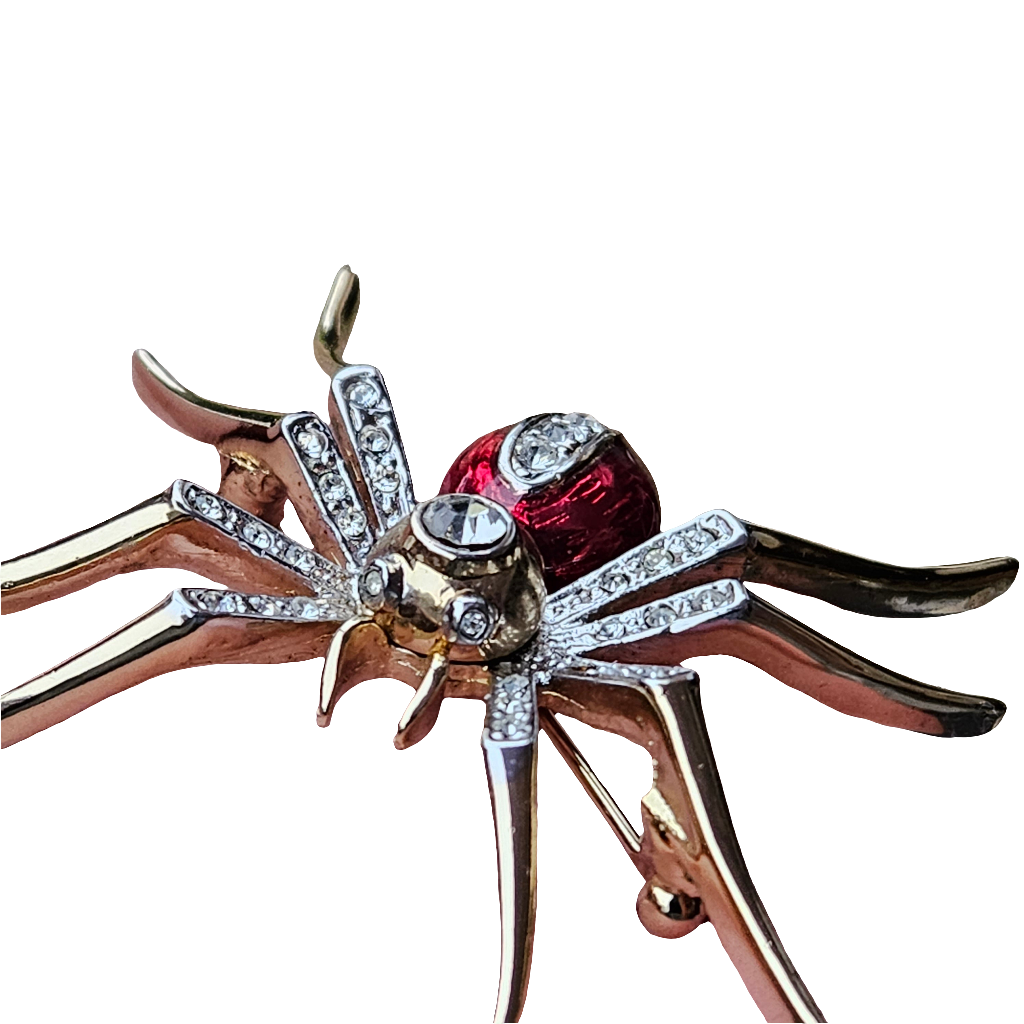 Vintage Enamel Spider Brooch Red Gold Pin Insect Jewellery Crystal