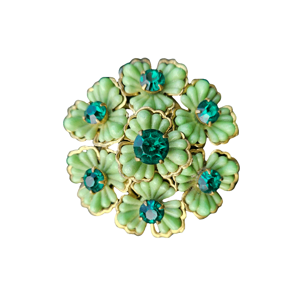 Antique Brooch Pastel Flowers Emerald Green Rhinestone Vintage Pin Jewellery Brass
