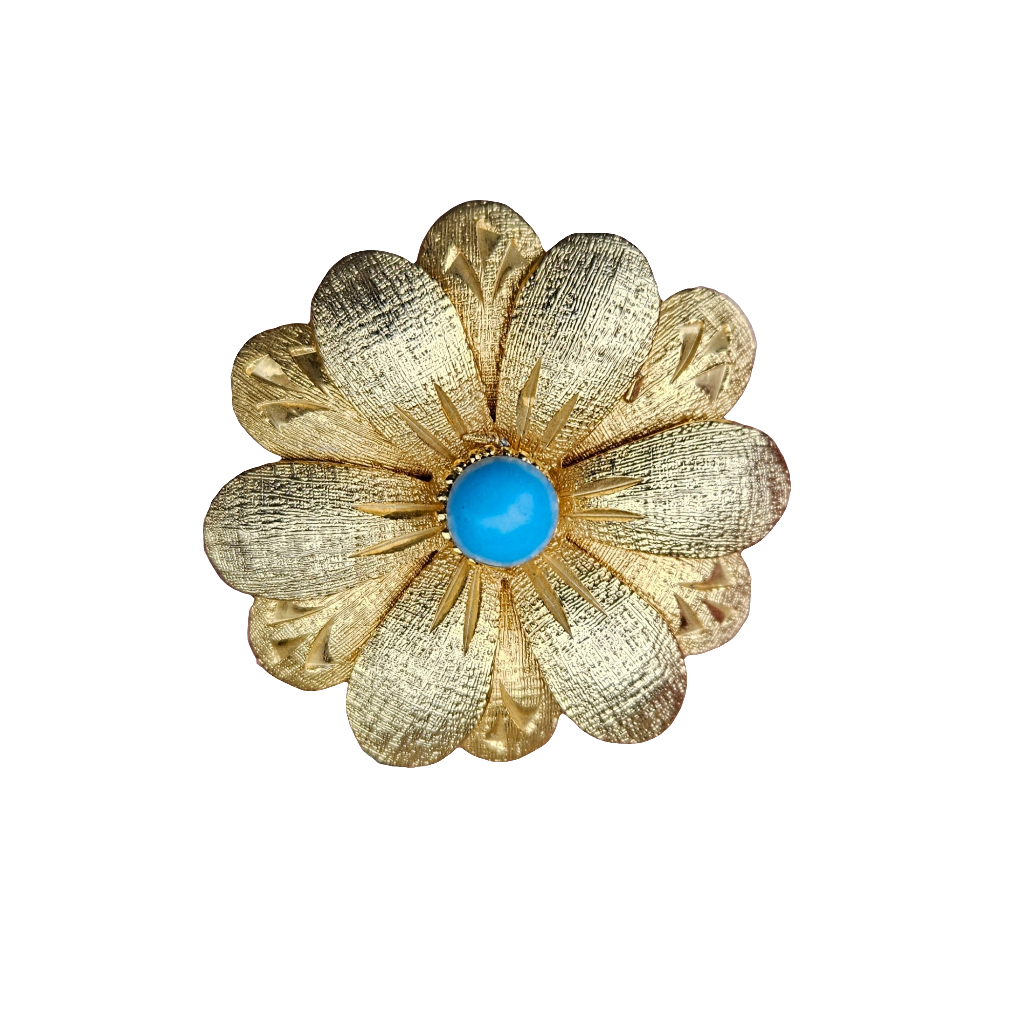 Vintage Matte Gold Turquoise Flower Brooch Designer Pin Numbered