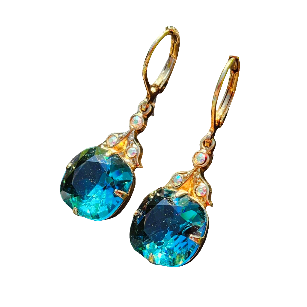 Kirks Folly Vintage Earrings Blue Crystal Gold Dangle Drop Diamante Jewellery Jewelry