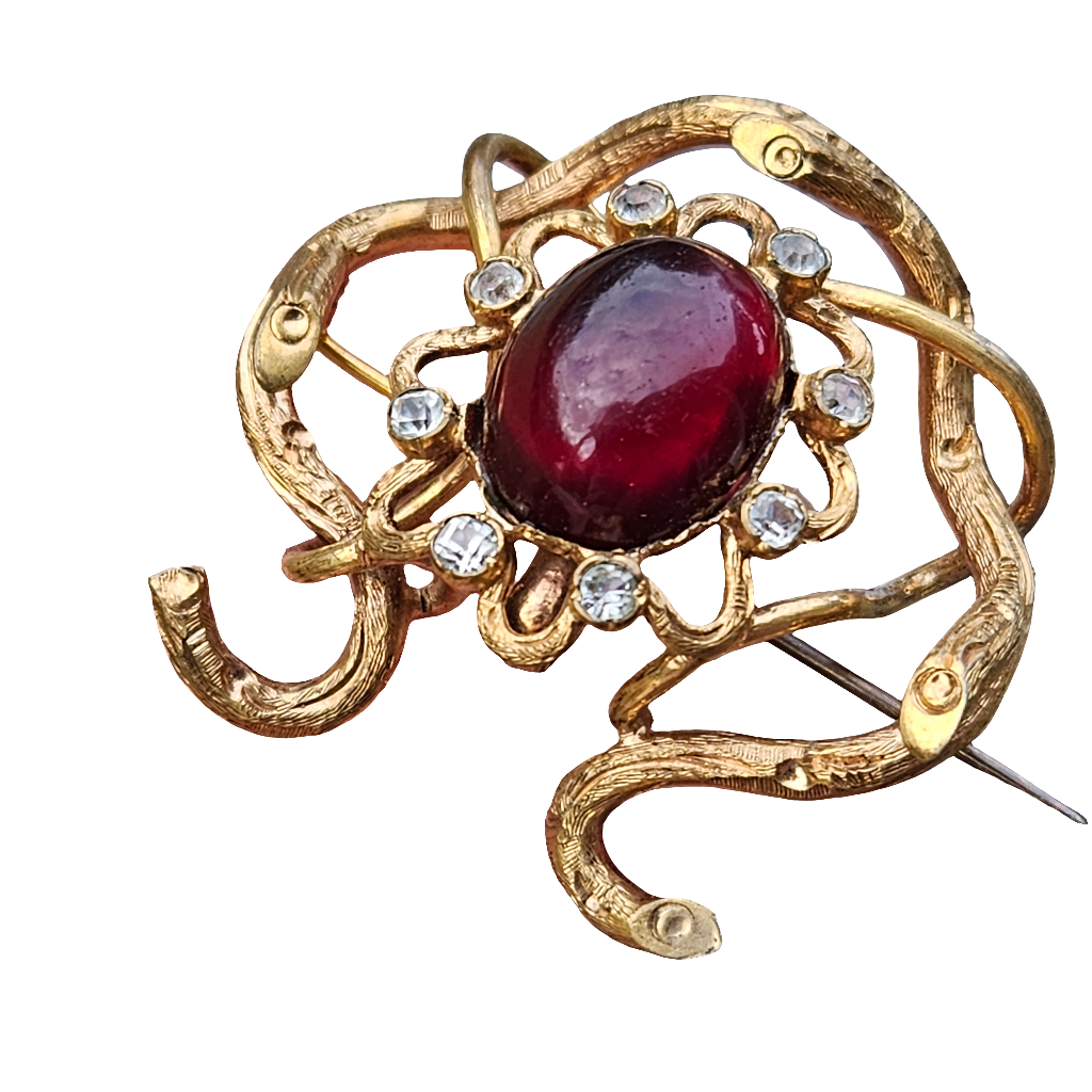 Antique French Ruby Red Cabochon Gold Gilt Brooch Large Crystals