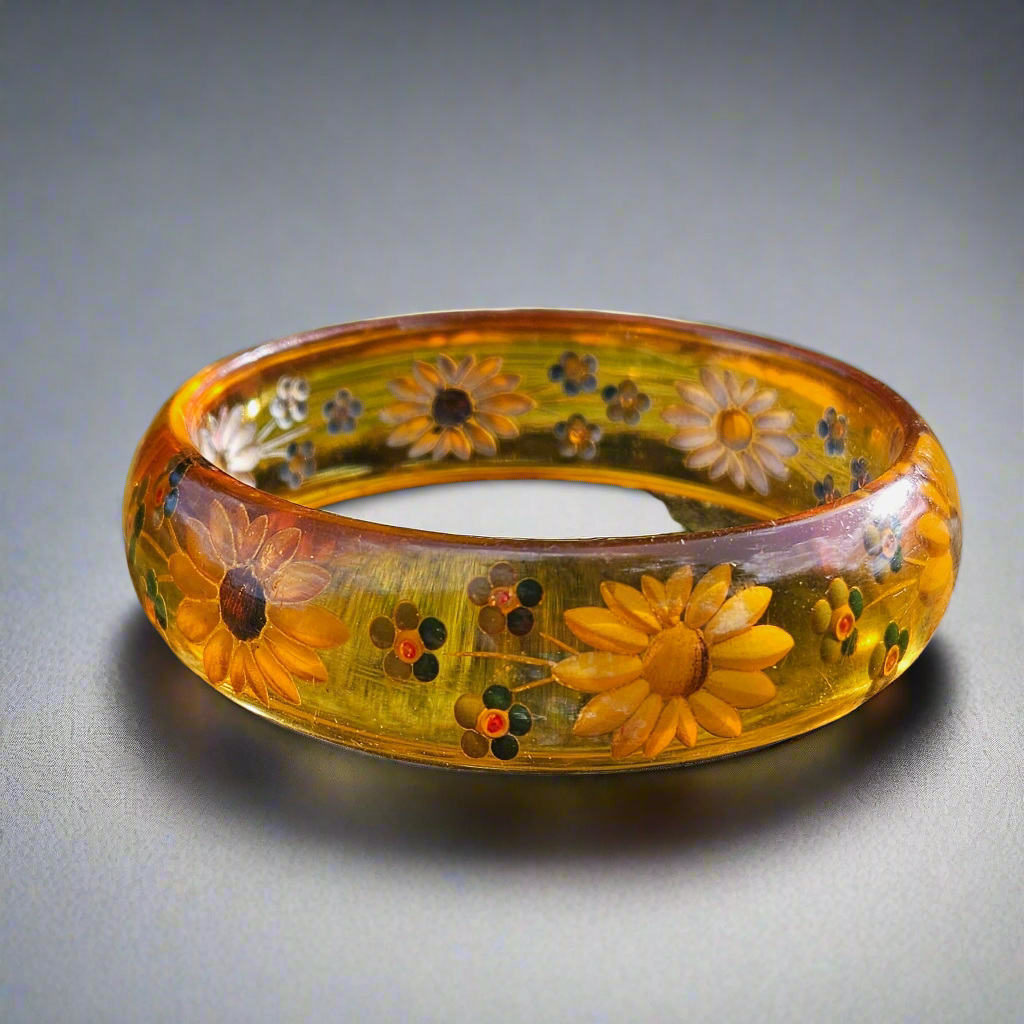 Reverse Carved Bakelite Bangle Vintage Jewellery Flowers