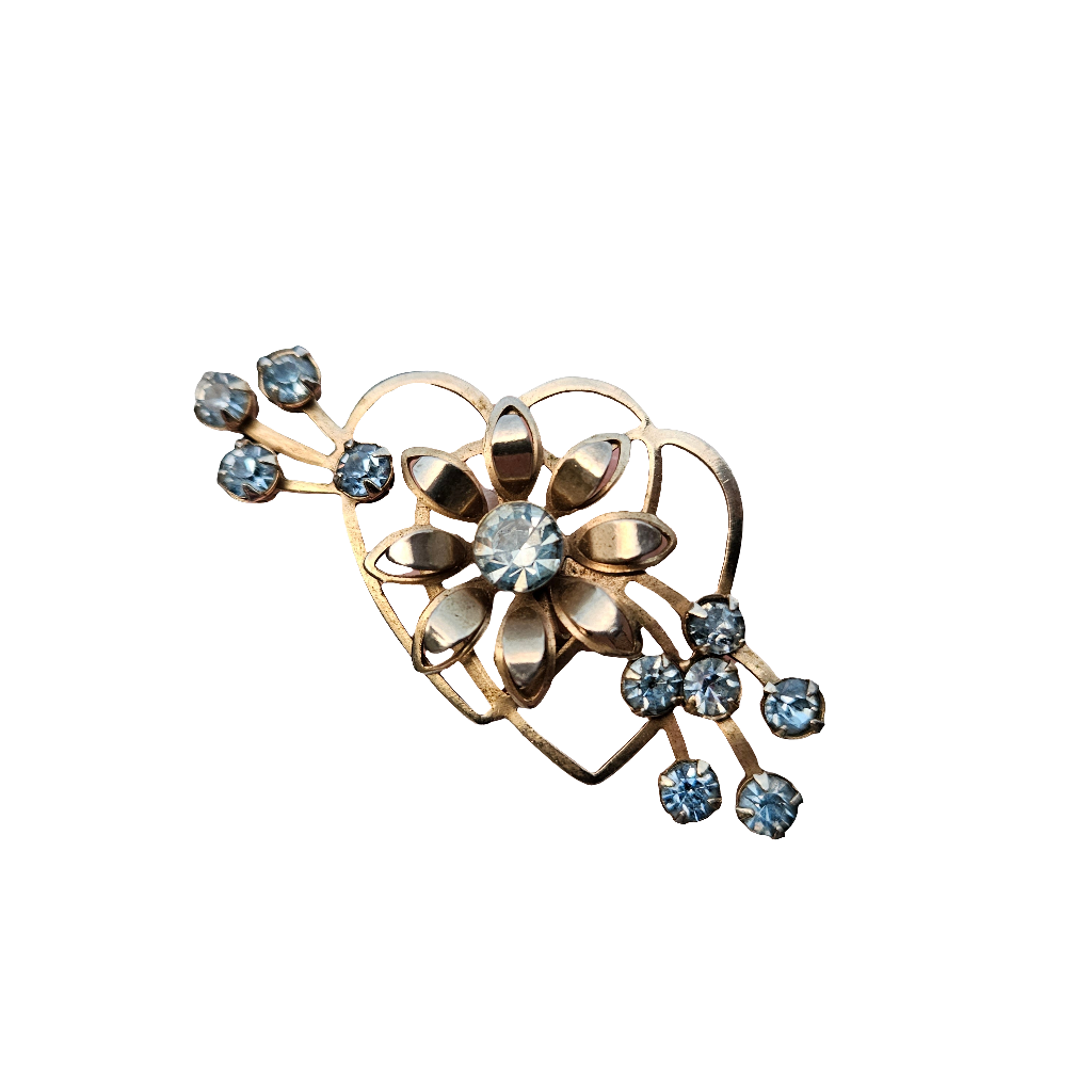 50s Brooch Pin Crystal Jewellery Blue Flower Heart Vintage