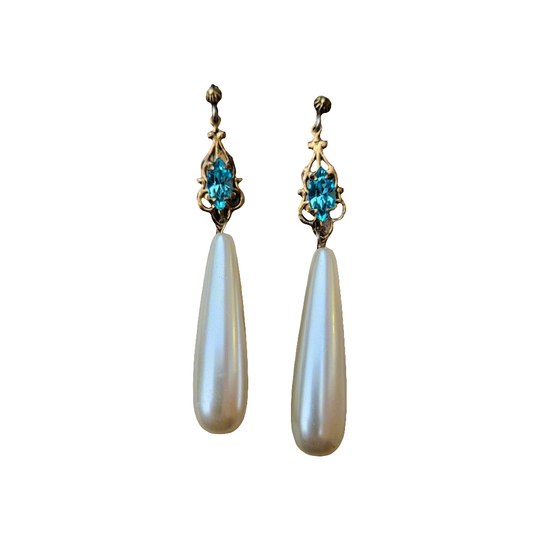 Vintage Aqua Pearl Dangle Earrings Gold Silver Stunning