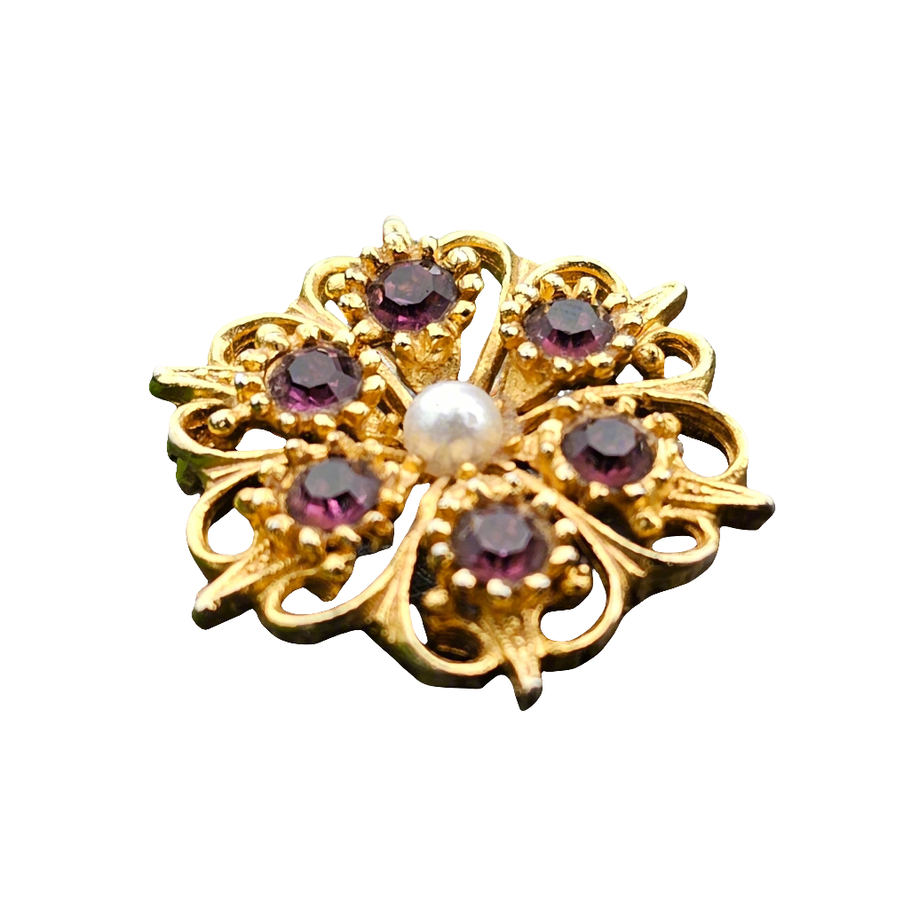 Diamante Brooch Gold Plated Vintage Jewellery Ruby Pink Stones