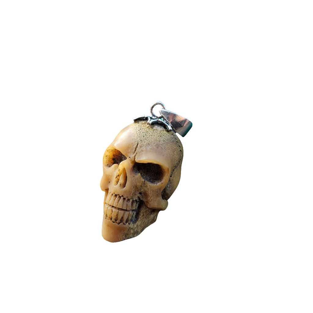 Large Carved Bone Skull Pendant For Necklace 925 Antique Memento Mori Jewellery