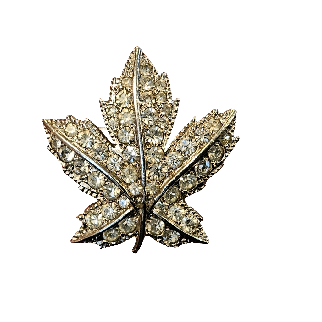 Crystal Leaf Keyes Brooch Diamante Pin Vintage Jewellery Jewelry