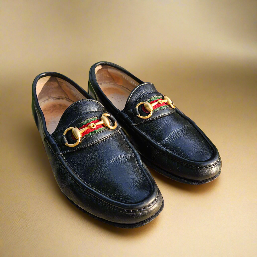 Genuine Gucci Horsebit Loafers Vintage Shoes Black Leather Size 39