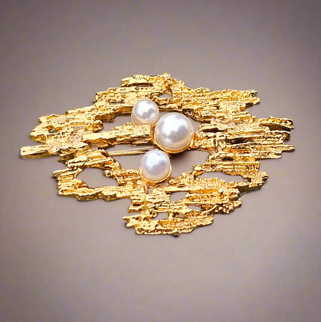 Brutalist Gold Tone Vintage Pearl Brooch Designer Jewellery