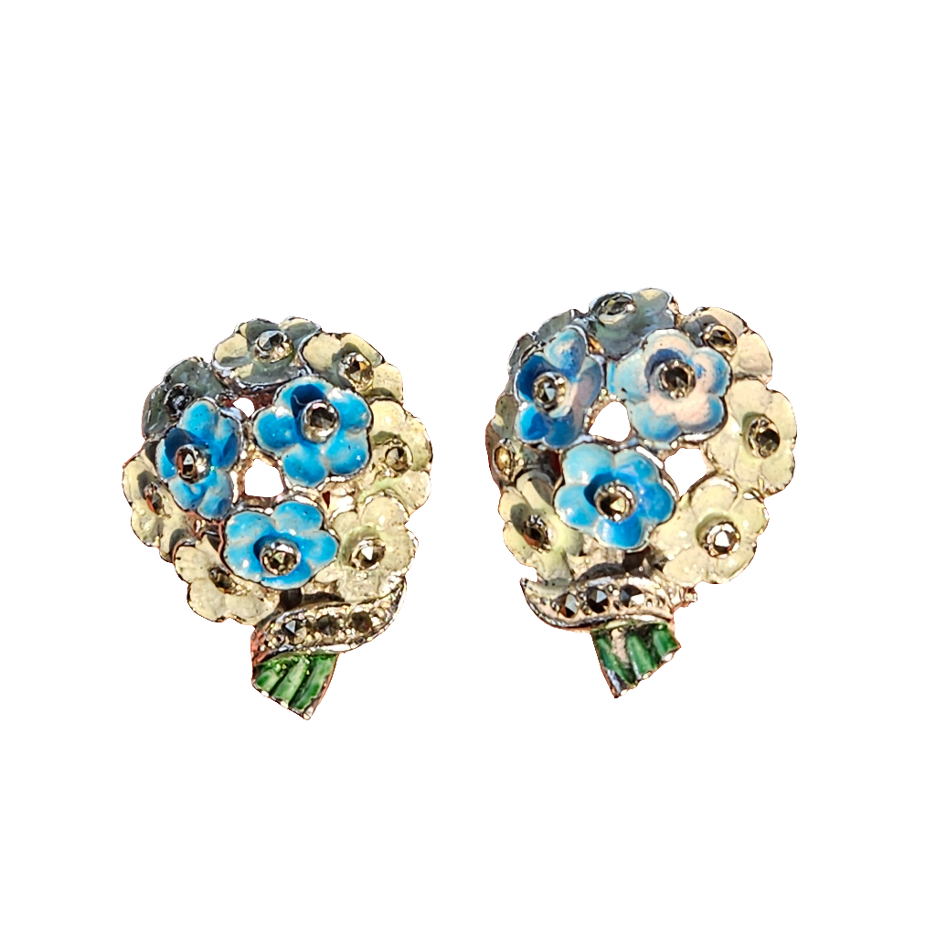 Cute Flower Bouquet Clip On Earrings Marcasite Jewellery Pretty Gift